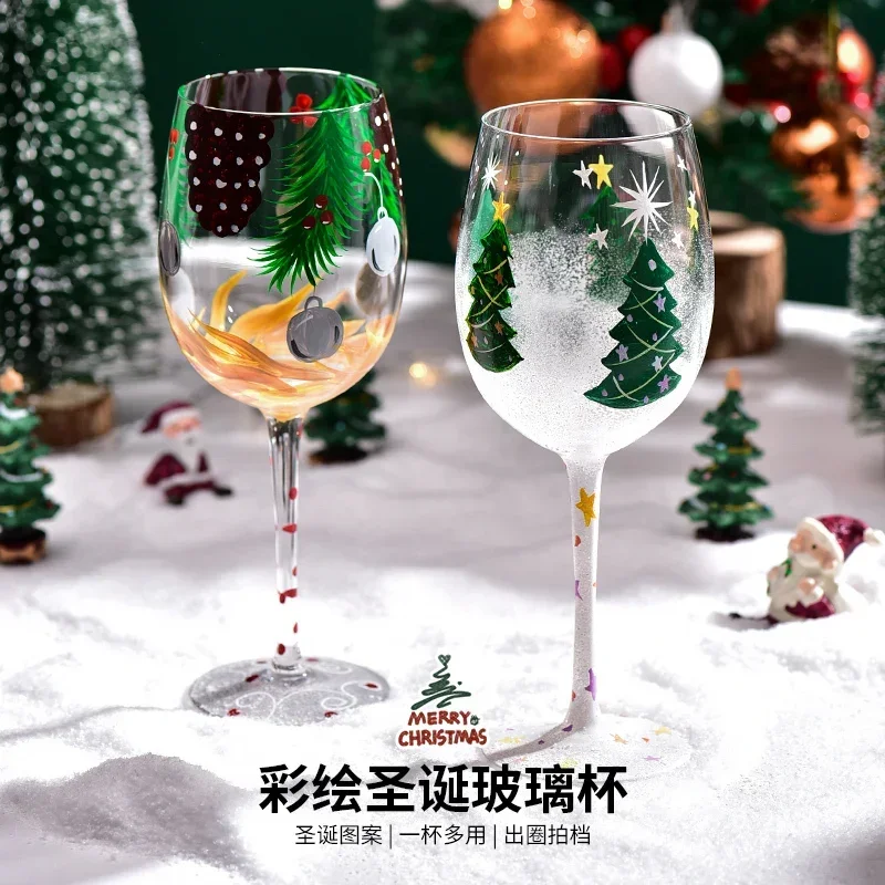 

Hand-Painted Christmas Tree Snowman Glass Goblet Red Wine and Coffee Cups Christmas-Themed Home Glass Cup Xmas Gift Ideas