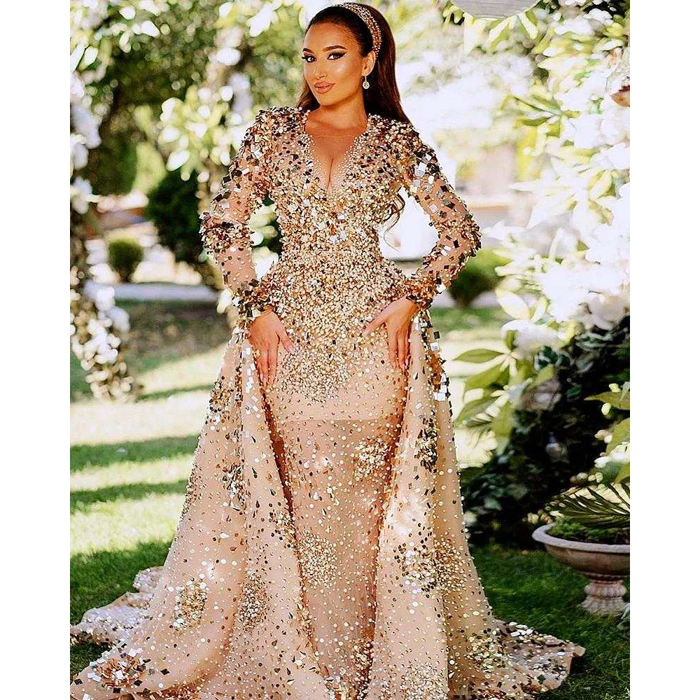 Champagne Crystal Sequined Evening Dresses Long Sleeve V-Neck Chapel Train Gown Women Luxury Exquisite Wedding Dress 2024