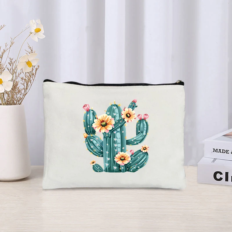 Flower Cactus Print Canvas Cosmetic Bag Organizer donna Travel Sundry Storage Zipper Pouch cancelleria forniture per ufficio Pencil Bag