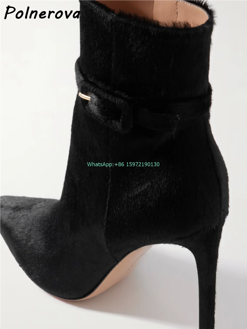 Buckled Calf Hair Ankle Boots Solid Concise Pointy Toe Thin Heels Belt Zipper Shoes Luxury Fashion Women's Stiletto Dress Boots