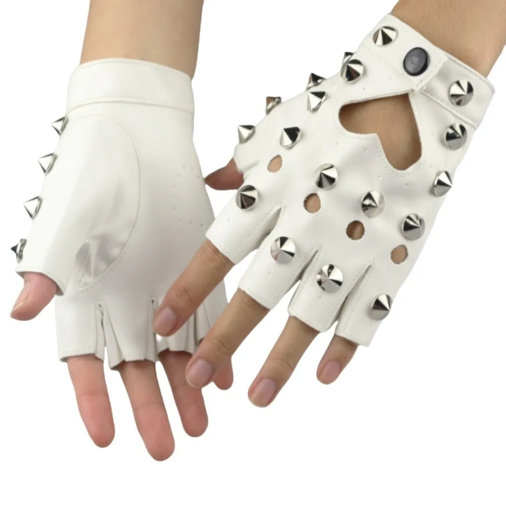 Unisex Fingerless Rivet Gloves PU Leather Leopard Print Half-palm Gloves Y2K Gothic Patent Leather Gloves Disco Dancing