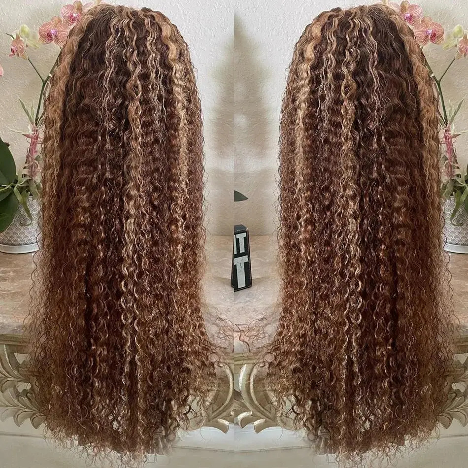 Peluca frontal de encaje rizado Rubio para mujer, pelo de bebé, sintético, prearrancado, resistente al calor, largo, 26 ", suave, sin pegamento