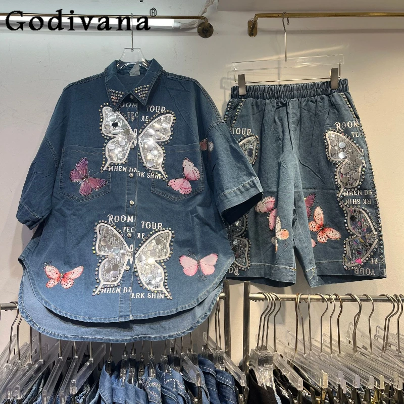 

Fashion Half-sleeved Hot Diamond Denim Shirt Women's 2025 Summer New Chic Butterfly Leisure Elastic Waist Five-point Pants Set