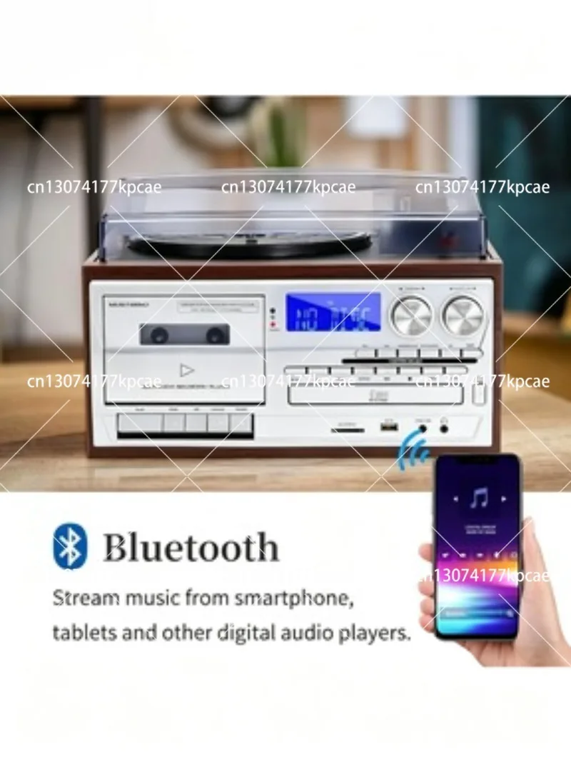 Retro Turntable with Bluetooth, CD, Cassette, USB, SD, FM/AM Radio, Built-in Speakers, Remote Control