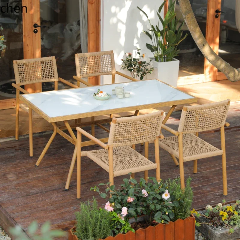 HXL طقم طاولة وكرسي للترفيه في الهواء الطلق من الخيزران مقاوم للماء ومقاوم لأشعة الشمس وطاولة طعام خارجية وكراسي