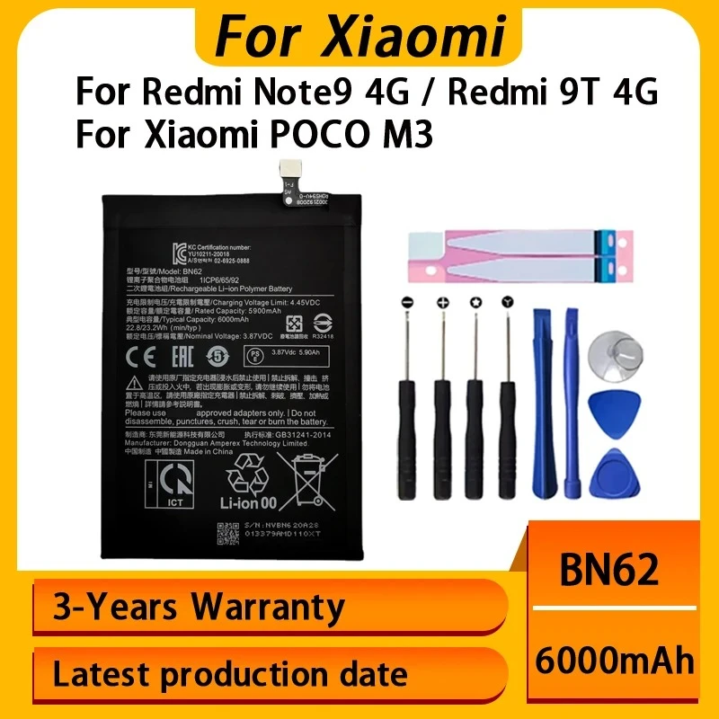 Fast ShippingNEW Battery BN62 For Xiaomi POCO M3 Redmi 9T/Redmi Note 9 4G Version 6000mAh Phone Batteries Bateria Batterij+Tools