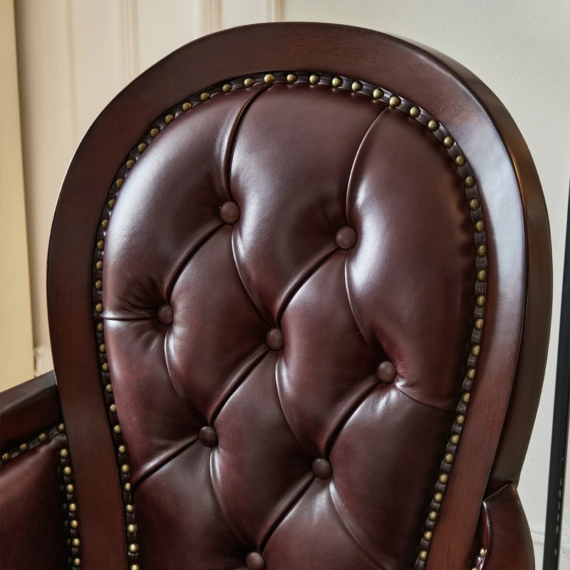 American solid wood home office chair rotatable first layer oil wax leather retro leather book chair