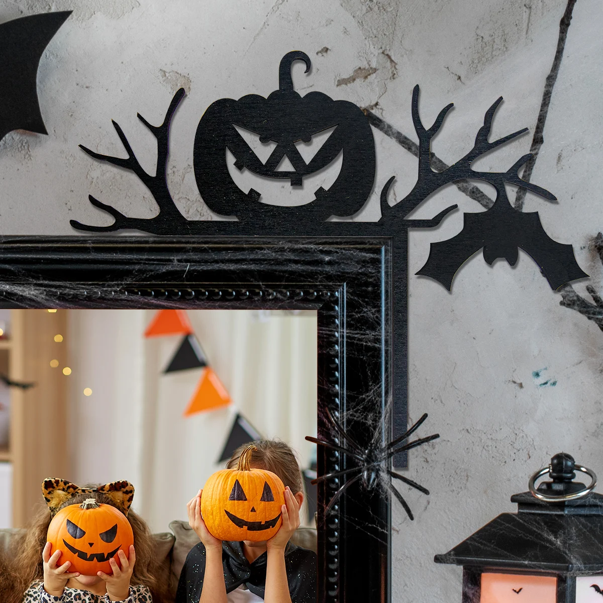 Halloween Door Corner Sign Pumpkin Bat Spider Web Black Wooden Hanging Ornament for Halloween Party Home Door Frame Decorations