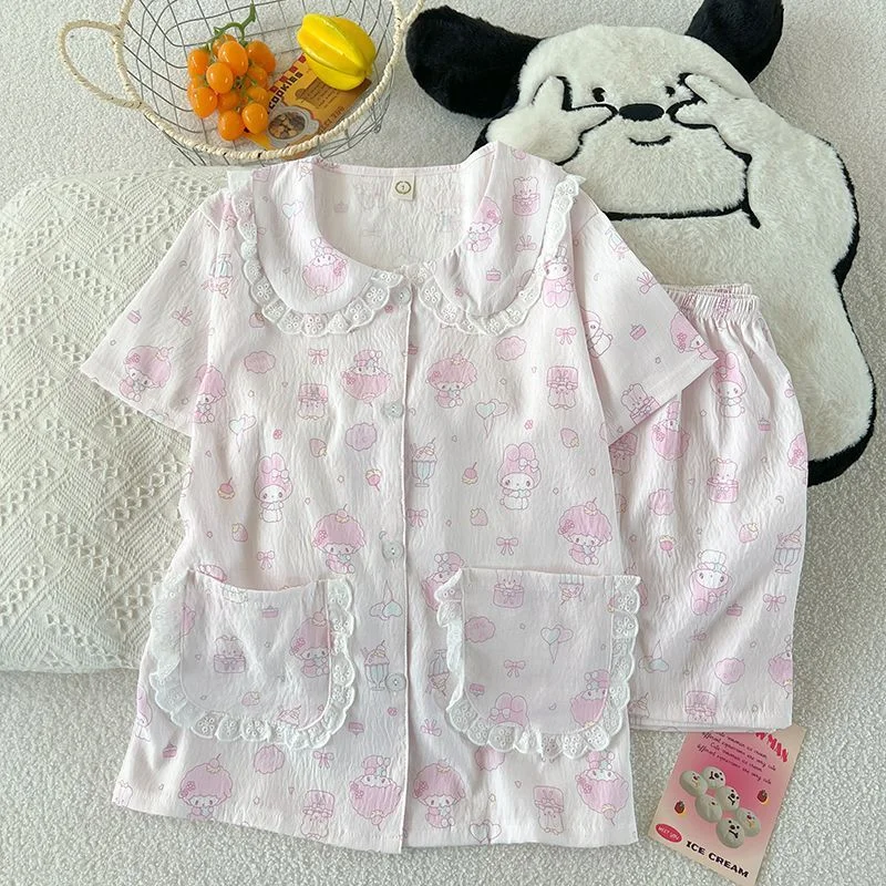 

Sanrio My Melody Cotton Nightie Women Shorts Short Sleeve Sleepwear Summer Pajamas Set Cartoon Negligee Student Nightie Homewear