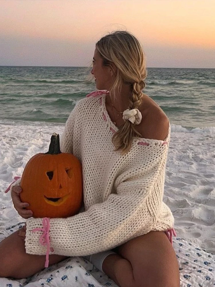 Knitted Contrast Color Sweater Women Loose Drawstring Lace Up Pullover Fashion Long Sleeve O-Neck Patchwork Knitwear Jumper Top