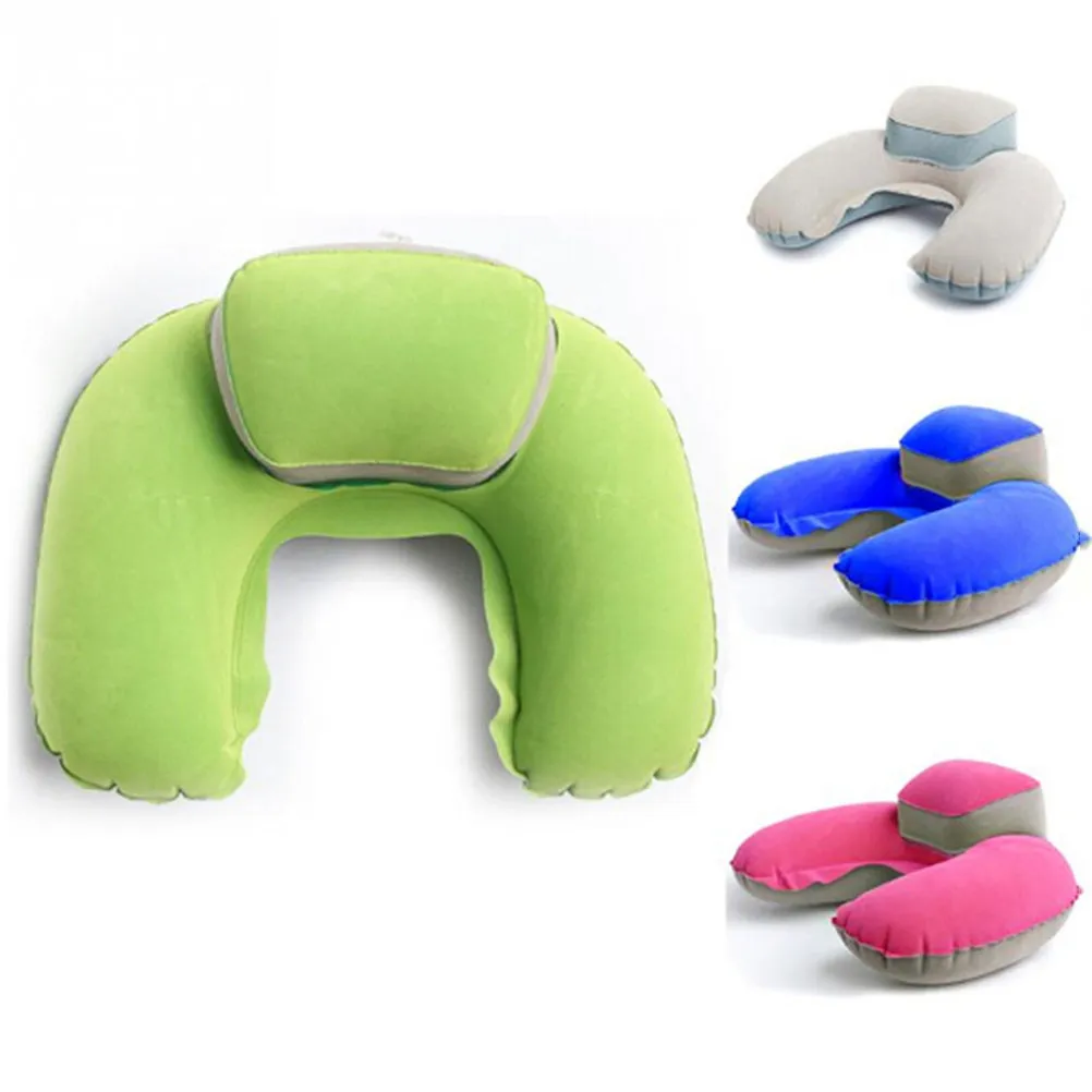 Sapphire Blue Inflatable U Shape Outdoor Pillow Neck Cushion Flocking Material Head Support Travel Camping Pillow Cushion