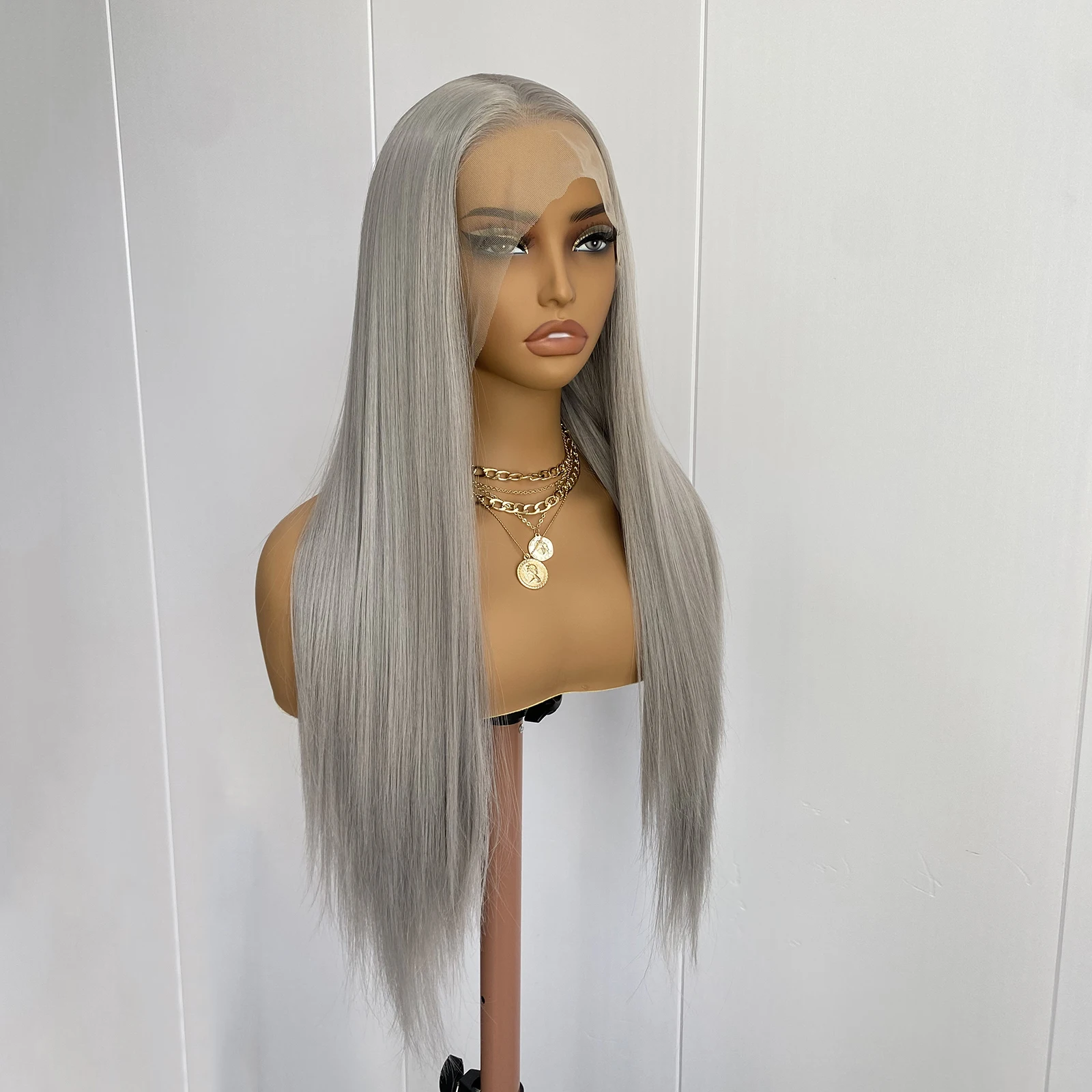 Diniwigs فضي رمادي شعر مستعار دانتيل 13x4 طويل حريري مستقيم الاصطناعية الدانتيل الجبهة الباروكات للنساء مقاومة للحرارة شعري طبيعي