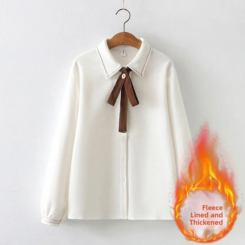 

Thiened Fce Velvet Women's irt Sweet Knot Base irt Top Warmth Retro Loose Fit Long Sve Collar Button