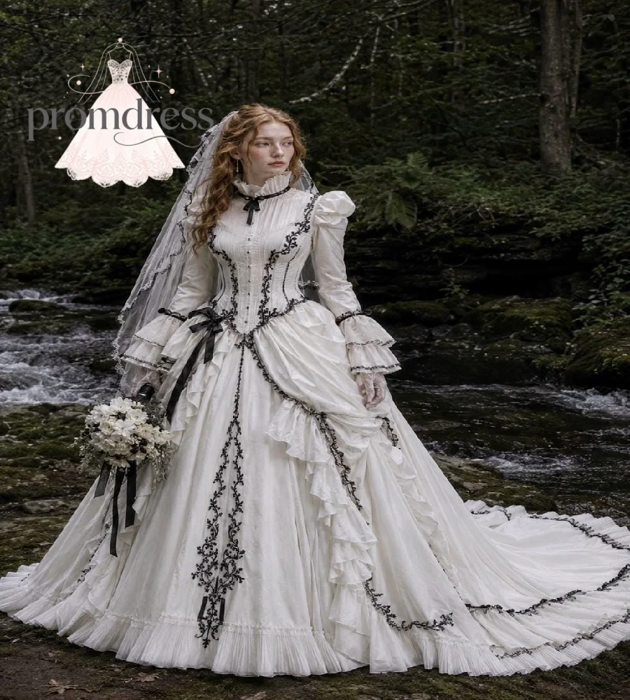 White Gothic Victorian Wedding Dress Black Lace High Neck Medieval Dark Romantic Forest Bridal Gown 2027 Alternative Costume