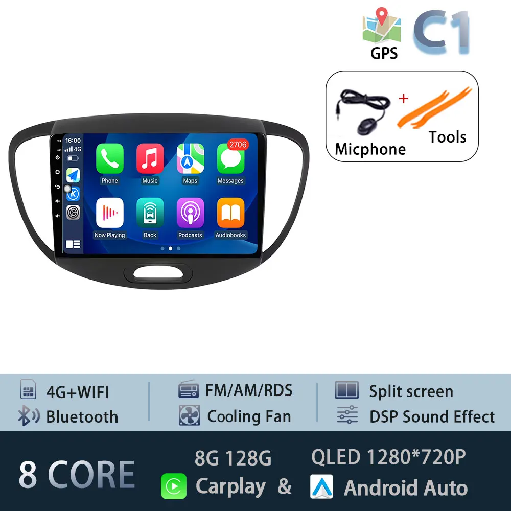 Android 15 Carplay Auto Radio Voor Hyundai I10 2007-2013 CarPlay Auto GPS Recorder Multimedia video Speler 4G + WiFi DSP - afbeelding 1