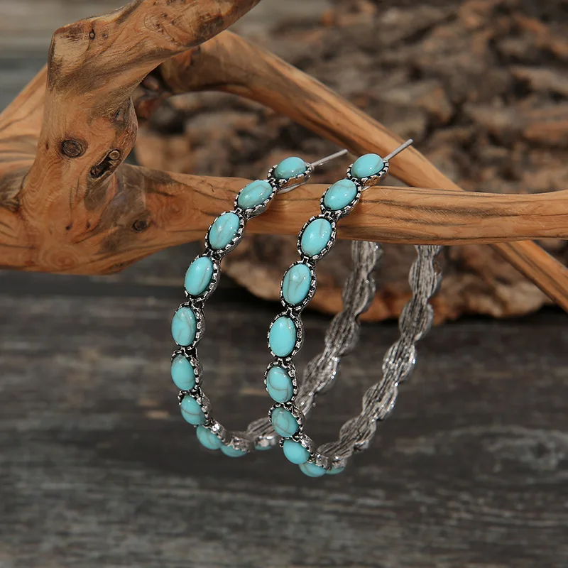 Bohemia Turquoises Earrings Silver Color Round Hoop Earrings For Women Female Party Earring Fashion Jewelry Accessories Gifts