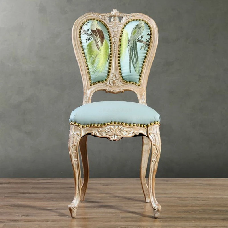 Neoclassical solid wood backrest chair made of carved wood with old bird patterns, dining chair soft bag for home use