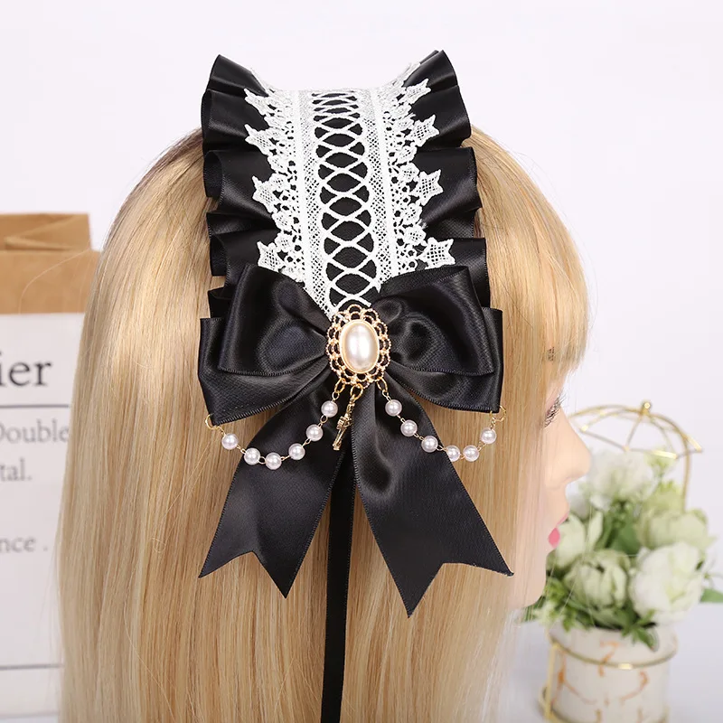 Gothic Ruffles Lace Headband Maid Cosplay Hair Hoop Women Girl's Plush Cat Ears Ribbon Bell Lolita Kawaii Accessories