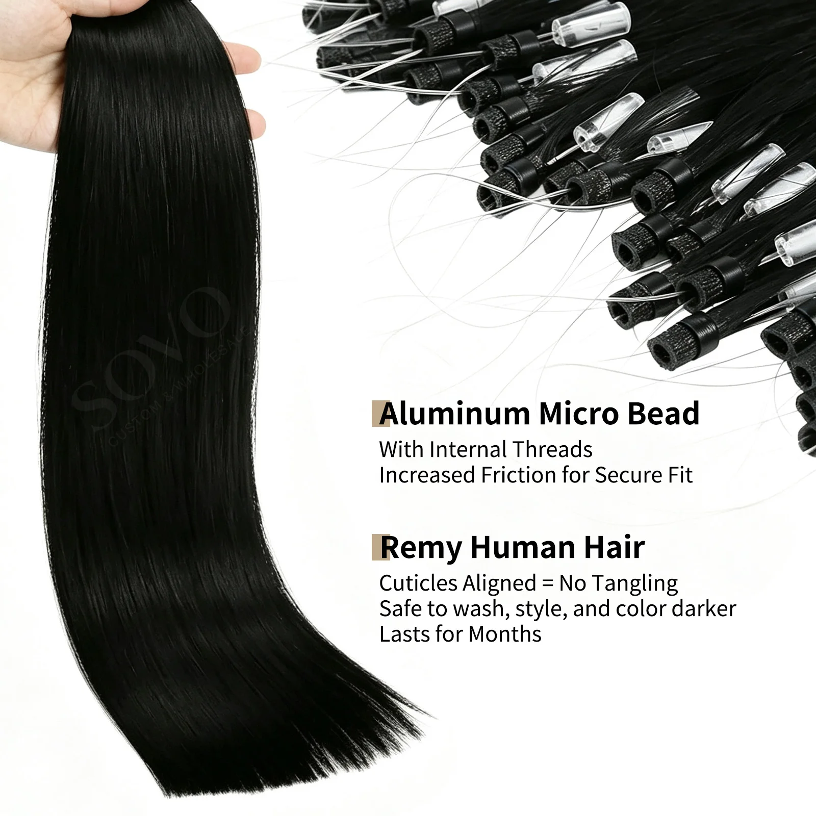 Micro Loop Hair Extensions 100% Human Hair Jet Black 18 Inch 50g 50 Strands Micro bead Strand Hair Extensions Natural Black view 3