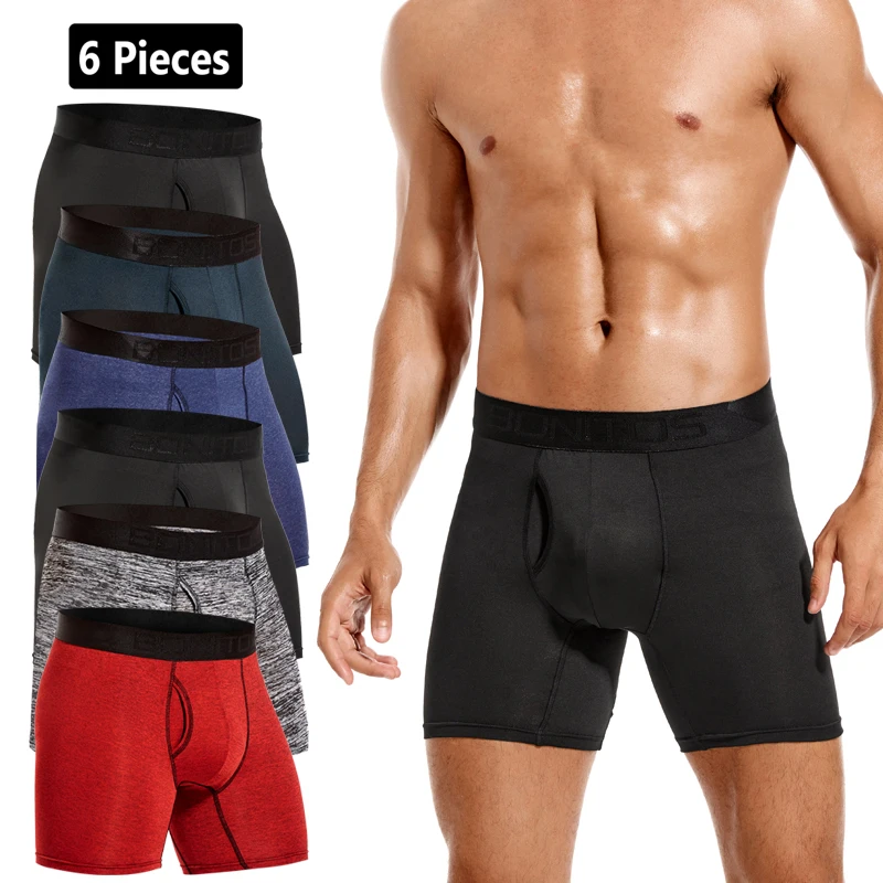 6pcs Medium-Long Boxer Briefs Men's Panties Front Open Underwear Man Boxers Letter Elastic Waistband Men Underpants Long