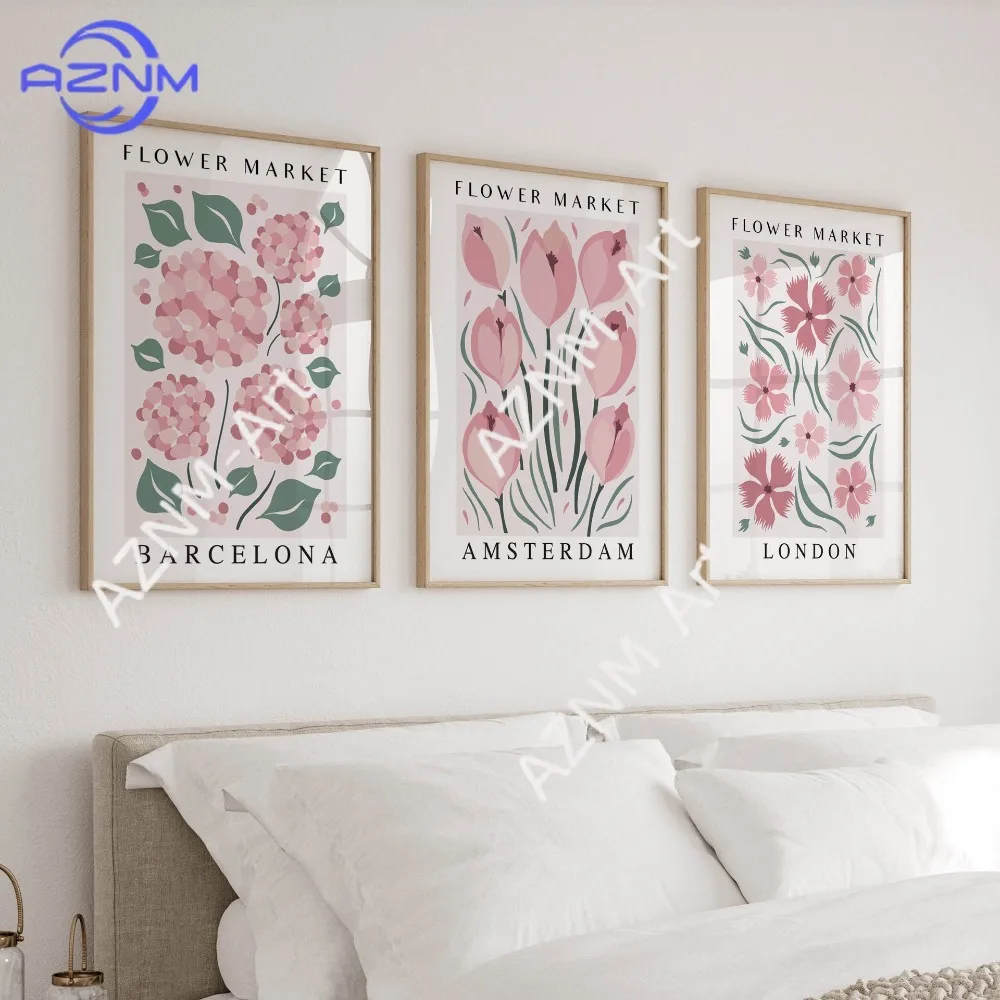 1Pc/3Pcs Pink, fresh and light, watercolor style, flower market, living room, bedroom, poster, canvas, decorative painting view 2
