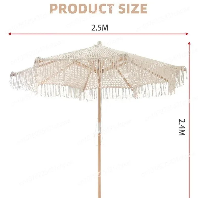 Bohemia Cotton Rope Parasols 2.5M Wooden Pole Handmade Tassels Woven Canopy Beach Umbrella With Macrame Fringe