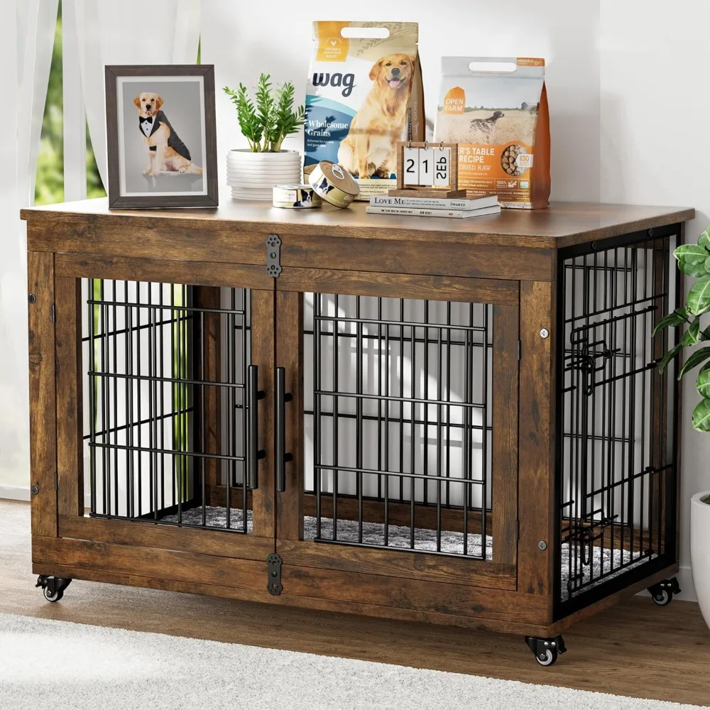 Dog Crate Furniture with Cushion, Large Wooden Dog Kennel Indoor with Double Doors, Dogs Cage with Wheels, Dogs House Side End