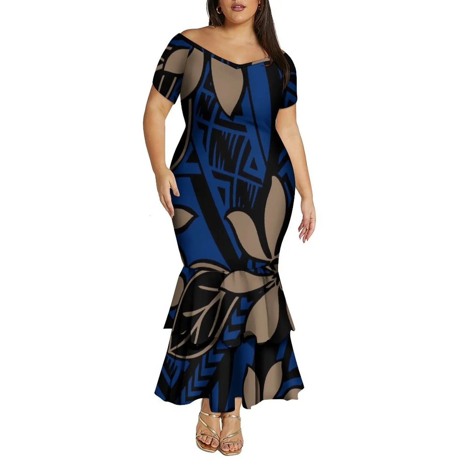 Vestido de verão confortável e macio com decote em V fora do ombro vestido rabo de peixe de camada dupla feito sob medida para mulheres polinesias