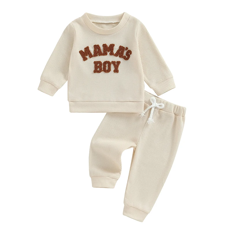 

Toddler Baby Boy Clothes Autumn Long Sleeve Letter Print T-shirt Tops Drawstring Elastic Waist Pants Set Waffle Knit Set