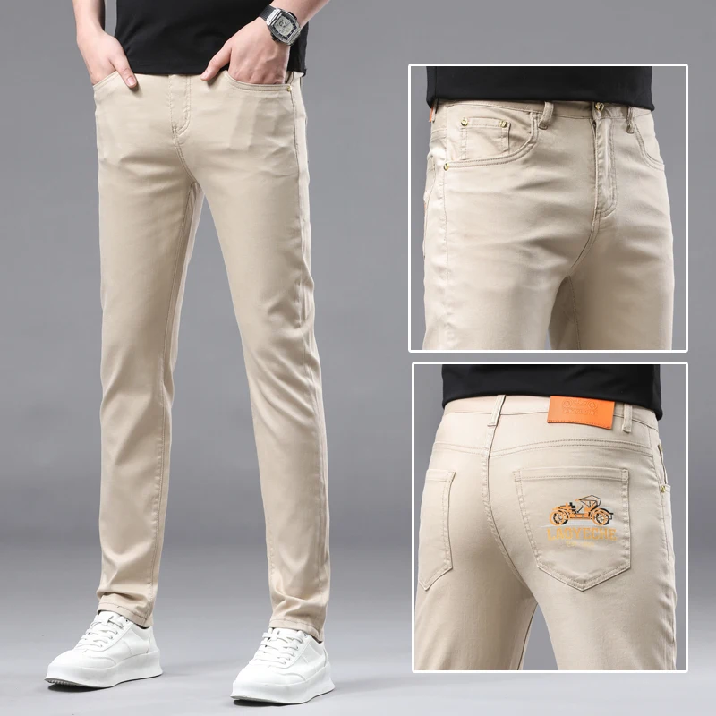 2024 new men\'s khaki white cotton stretch Slim smart jeans casual straight business fashion beige brand pants men\'s pants