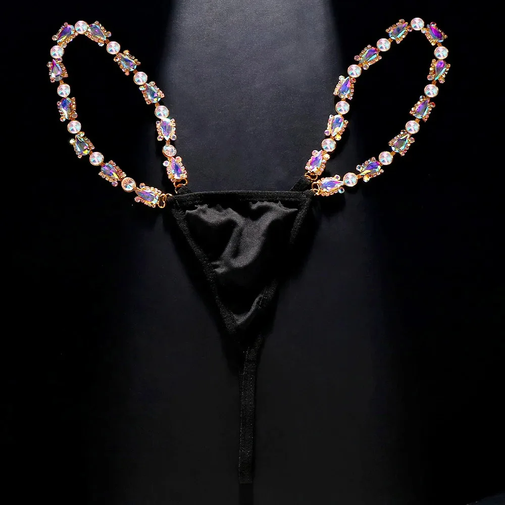 Black Fabric AB Crystal Chain Thong Sexy Panties for Women Rhinestone Body Waist Chain G String Thong  Jewelry Bikini Swimsuit