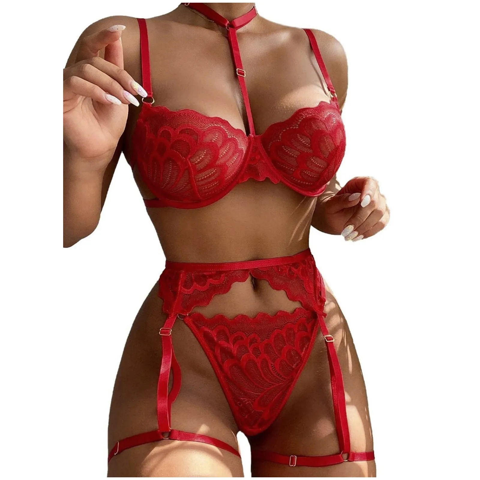 

Women Exotic Halter Lingereis Thongs Set Porno Lenceria Sexy Lace 3 Piece Sets Push Up Bralette+G-string Breifs+Tie Waist Garter