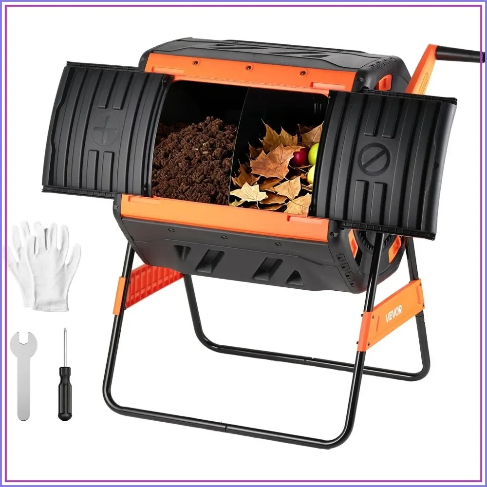 53Gal Dual Chamber Compost Tumbler, Easy Turn Rotating Bin for Garden Kitchen Waste