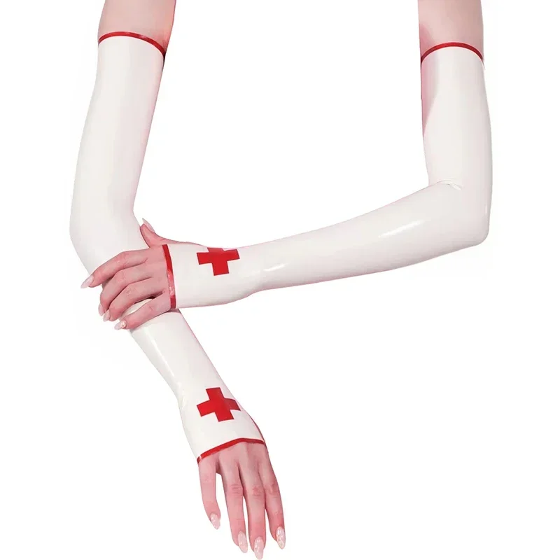 

White And Red Sexy Long Latex Gloves With Cross Trims Fingerless Rubber Gauntlets Mittens Winter