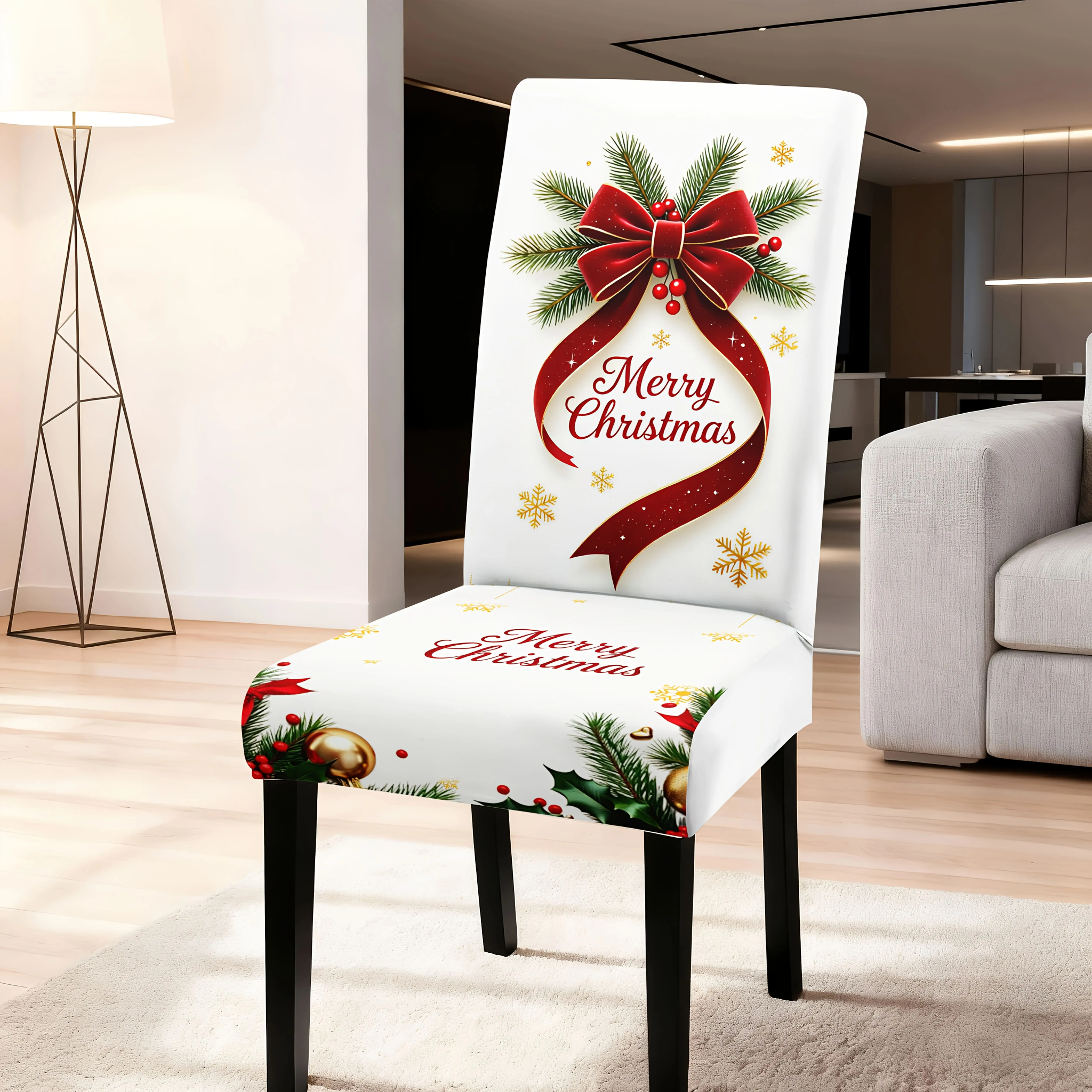 Christmas Stretch Dining Chair Slipcover Red Bow Wreath Gold Snowflake Print Removable Chair Cover Holiday Decor