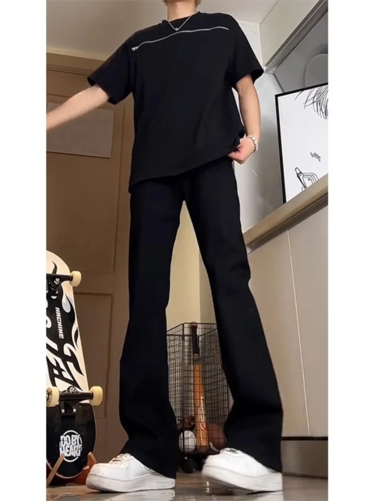 Celana Jeans Bla Lembut Celana Panjang High Street Vibe Pria Celana Bootcut Pelangsing Kaki Lurus Panjang Denim Katun Penutup Ritsleting Pinggang Tinggi