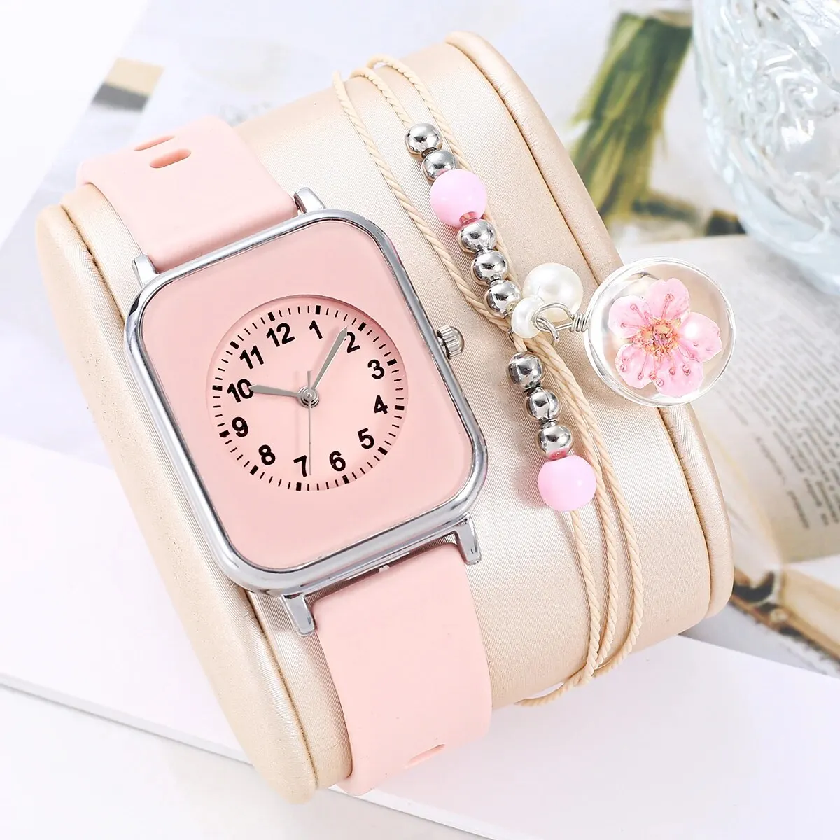 2Pcs Ladies Fashion Trend Digital Cherry Blossom Powder Designer Silica Gel Quartz Watch Peach Blossom Bracelet Christmas Gift