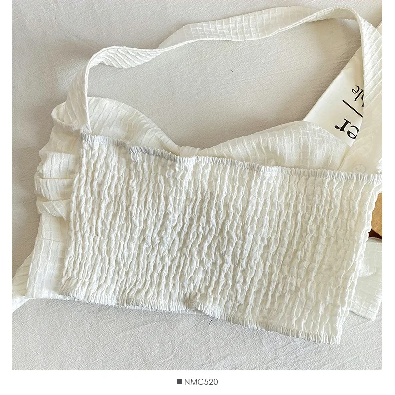 Atasan Wanita Seksi Model Halter Tanpa Tali Bahu, Desain Lipit Elastis, Tank Top Musim Panas Kancing Belakang Terbuka, Crop Top Pantai