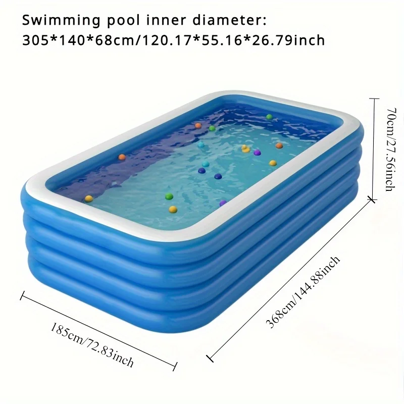 Full-Sized Inflatable Swimming Pool - 145x73x28 inch, 4-Ring Thick PVC Rectangular Pool with Multiple Components,Indoor/Outdoor