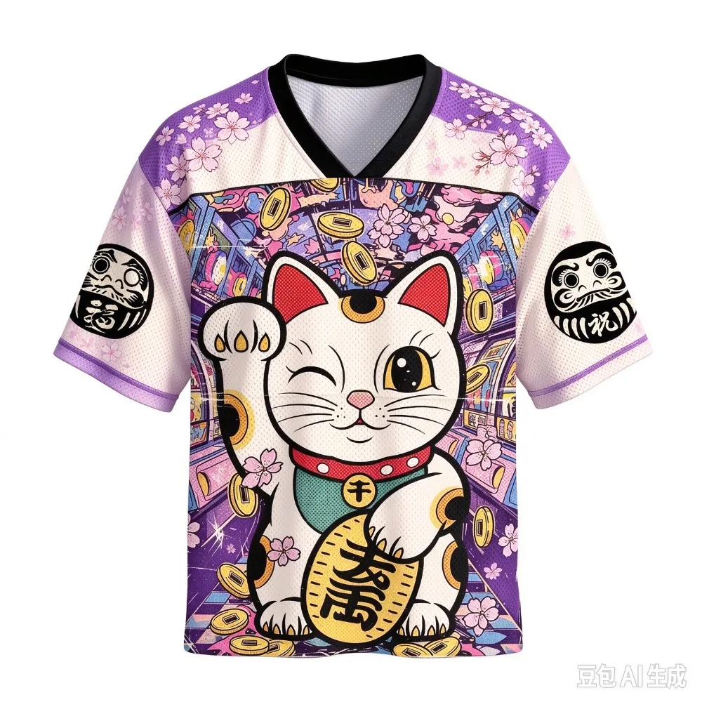Retro Japanese Lucky Cat Pattern 3D Print Casual Street Punk Outdoor Fitness Men Plus-sizeV-neck T-shirt Large Size parent-child