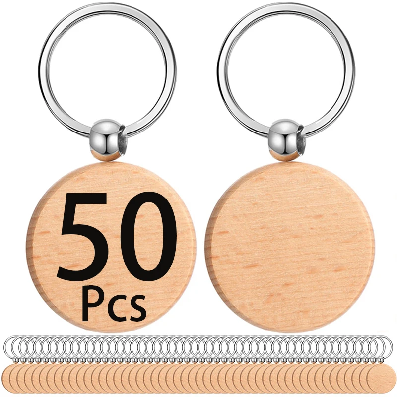 

50Pcs DIY Blank Wooden Key Chain Round Blank Wood Keychain with Key Ring for Key Bag Handbag Pendant