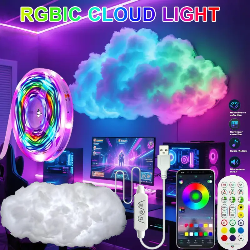 

DIY Cloud Light Strip RGBIC LED Strip Lights with APP & Remote control LED Cotton Cloud Ceiling Light for Gaming Room Decoration