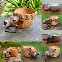 Animal Wooden Cup Mug Kuksa Animals Head Image Cup For Beer Tea Milk Camping Gear Coffee Cup Elk Mug With Lanyard