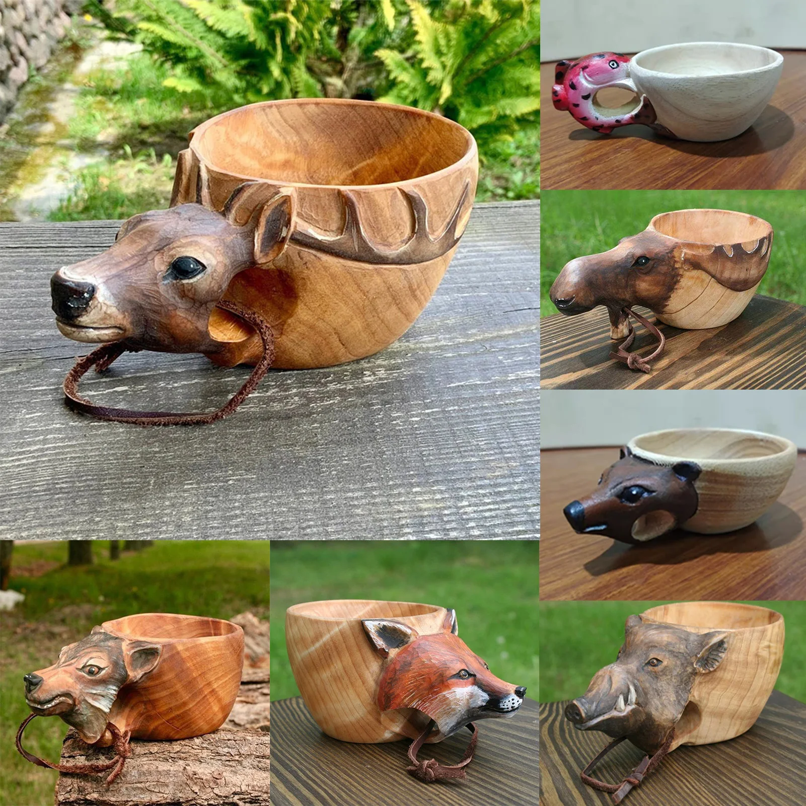 Animal Wooden Cup Mug Kuksa Animals Head Image Cup For Beer Tea Milk Camping Gear Coffee Cup Elk Mug With Lanyard