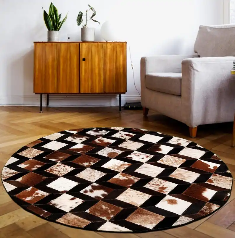 Round Rug,  Floor Mat with Strap Details, Unique Home Decor Accent
