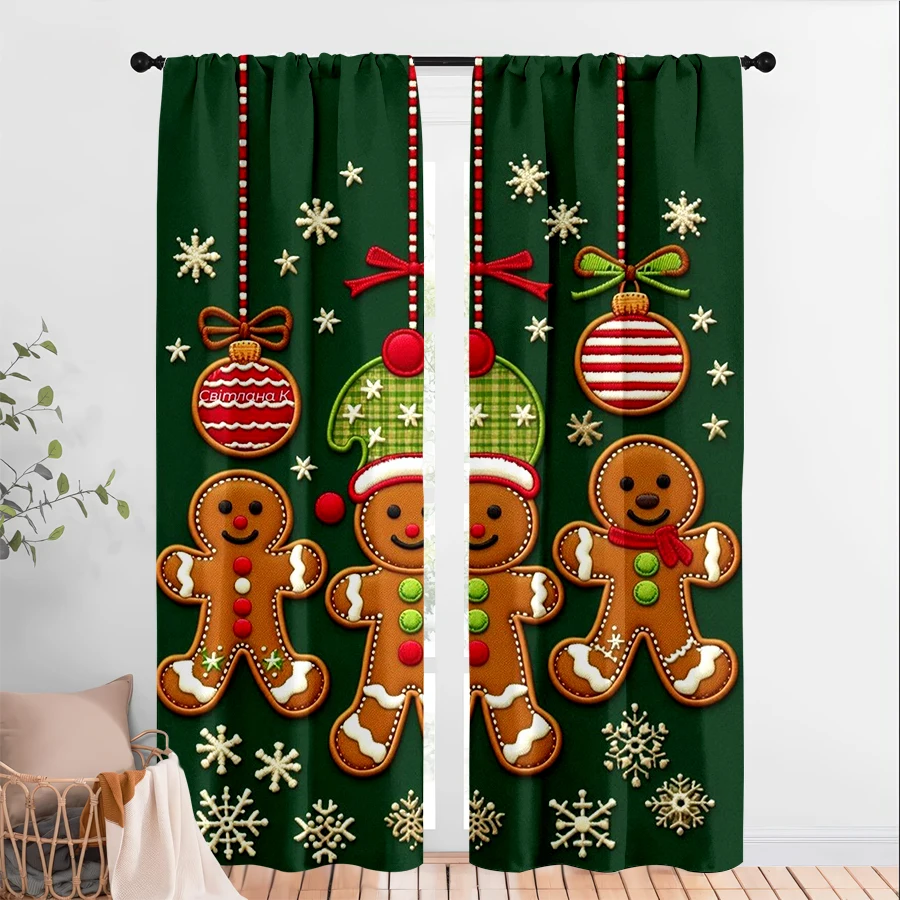 2PCS Digital Print Christmas Curtains, Gingerbread Man Ornament Snowflake Green, Cute Festive Window Drapes for Holiday Decor
