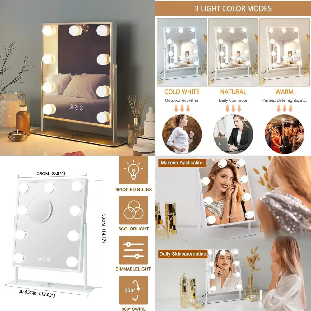 مرآة زينة مضيئة مع 360 درجة ° دوران، تكبير 10X، تحكم باللمس، 3 ألوان LED، قابل للفصل، أبيض #1