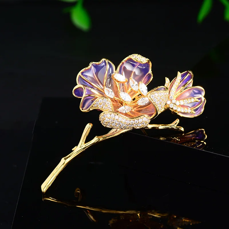 Chinese Style Elegant Purple Flower Branch Brooch Translucent Enamel Micro Paved Zircon Lucky Auspicious Pin For Coats Dresses