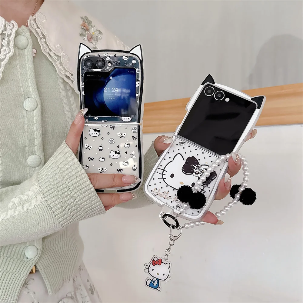 

Cute Cat's Ears Polka Dot Kitty Cat phone case for Samsung Galaxy Z Flip6 5 4 3 Flip5 Flip 7 7 FE Cover Korean Funda With Chain