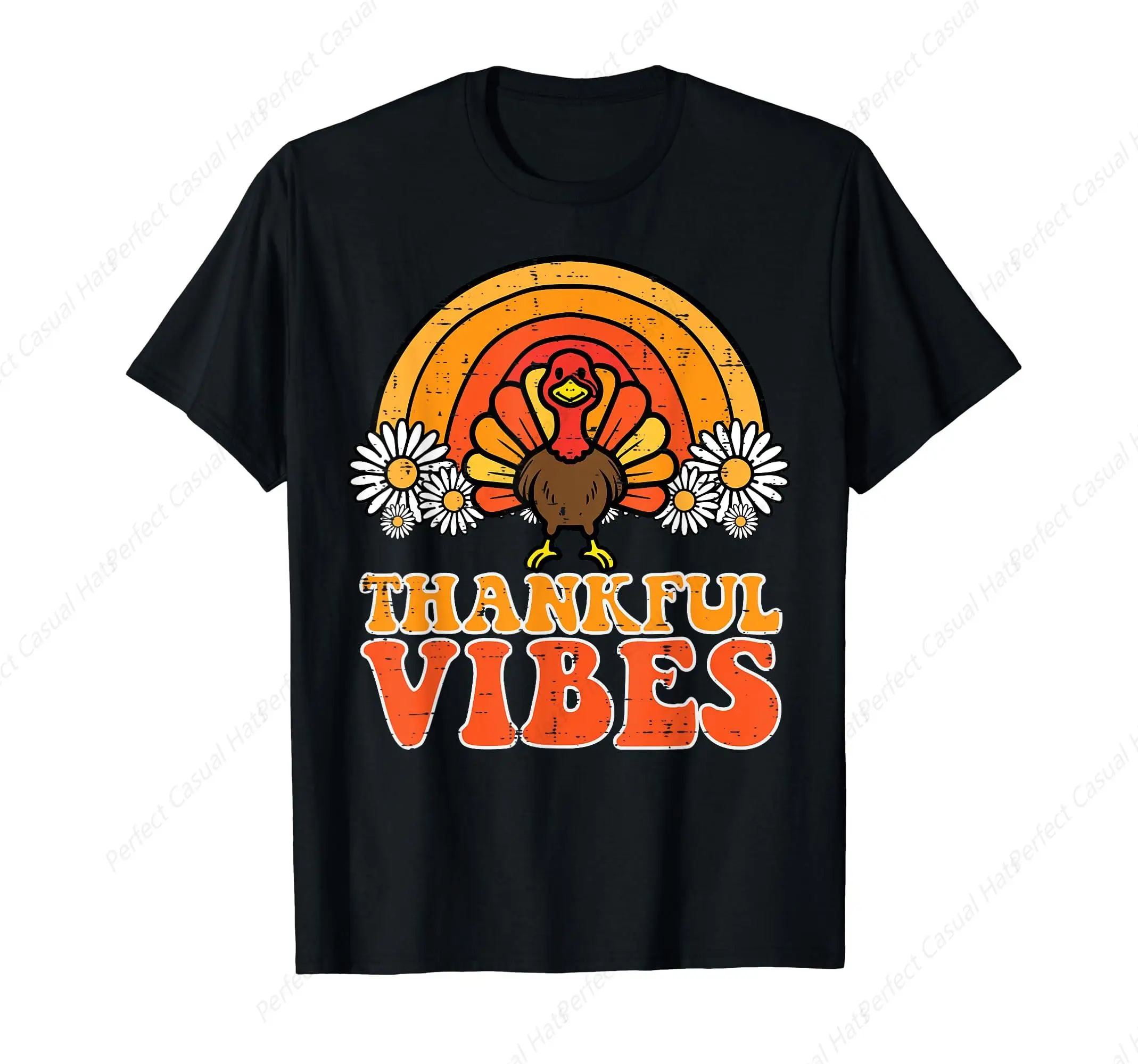 Thankful Vibes Turkey Rainbow Funny Retro Thanksgiving Women Men T-Shirt Classic Vintage Crew-neck Loose Top